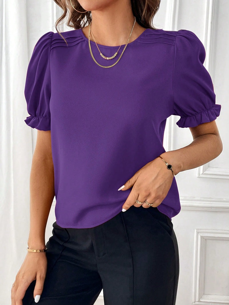 WW Pure-Color-Rundhals-Shirt-Top mit Temperament