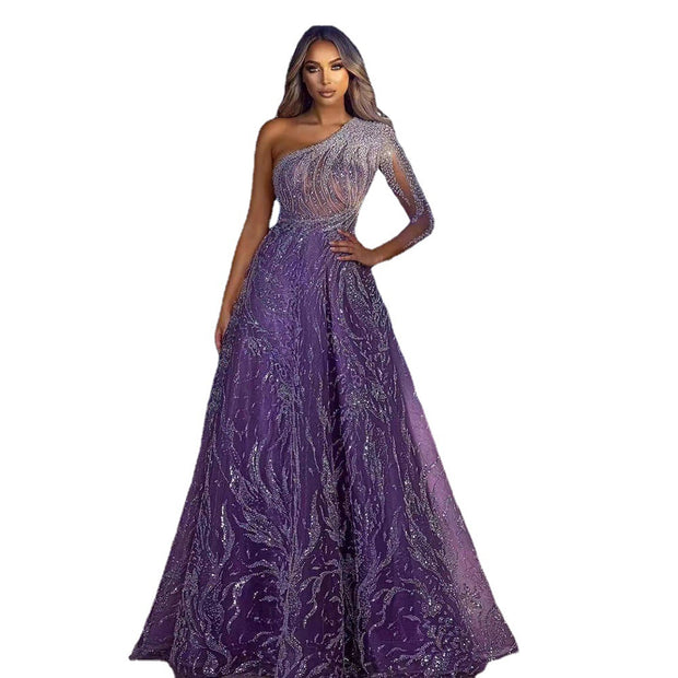 Damen Abendkleid mit einseitigem Schulterdesign und funkelnden Pailletten WW