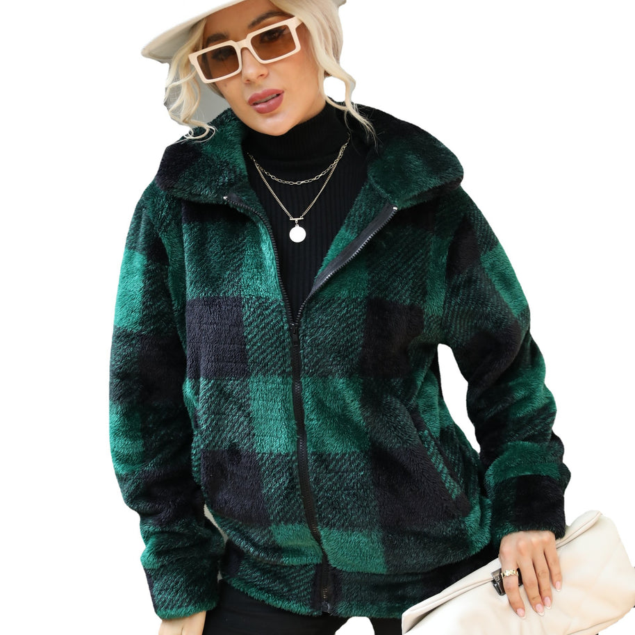 Damen Plüsch-Hoodiejacke mit trendigem Karomuster und praktischen Reißverschlusstaschen WW