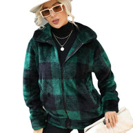 Damen Plüsch-Hoodiejacke mit trendigem Karomuster und praktischen Reißverschlusstaschen WW