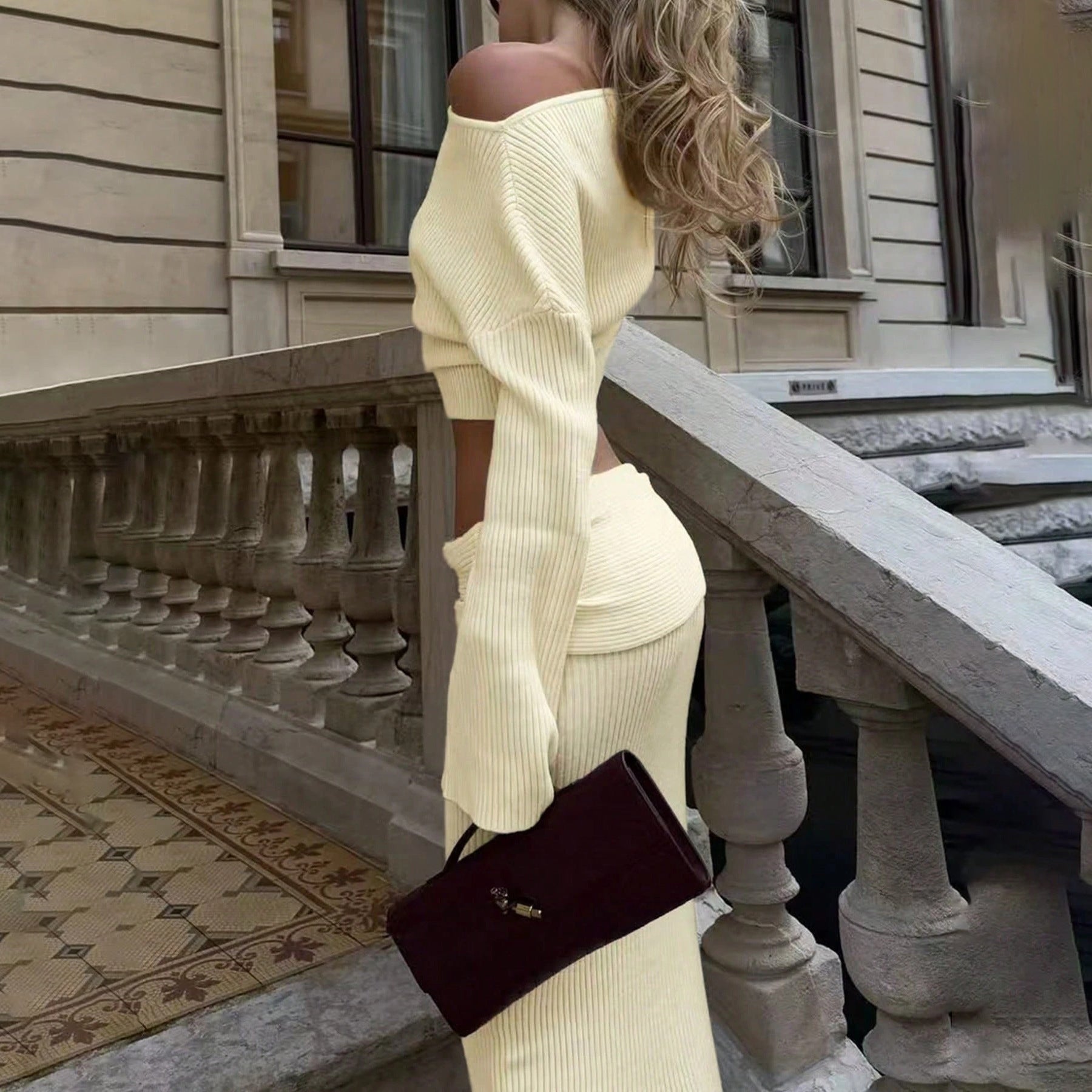 Damen Strick-Set mit schulterfreiem Oberteil und schickem Maxi-Rock WW