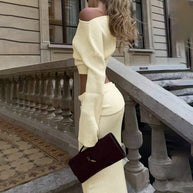 Damen Strick-Set mit schulterfreiem Oberteil und schickem Maxi-Rock WW