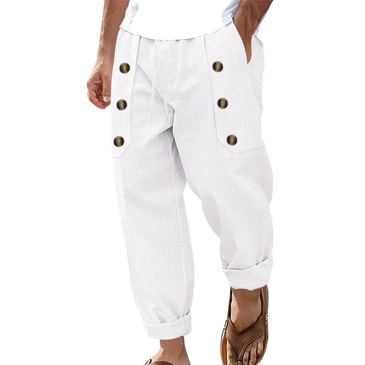 Herren Bequeme Leinenhose mit seitlichen Knöpfen und elastischem Bund W&W Mode