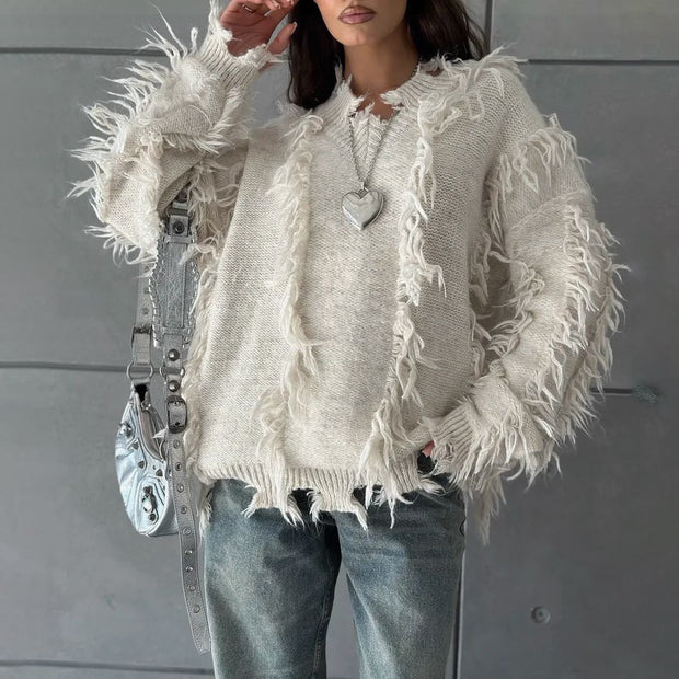 Damen Strickpullover mit lässigem Fransen-Design WW