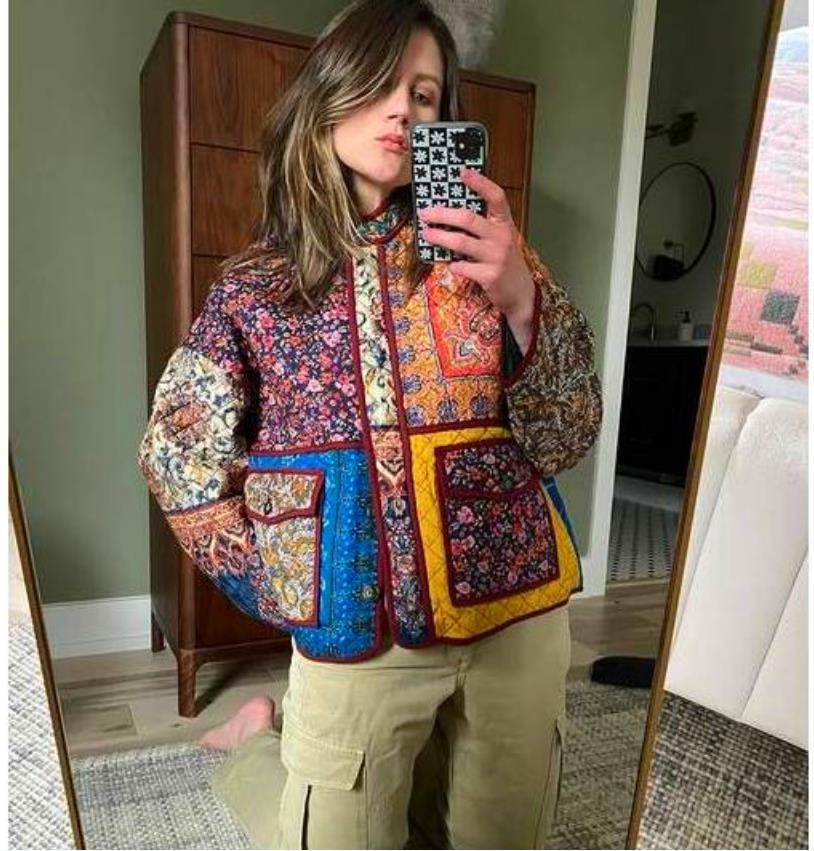 Damen Quilted Jacke mit buntem Patchwork-Design und praktischen Taschen WW