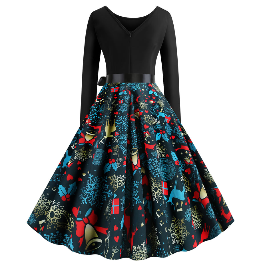 Damen Rock mit buntem Weihnachtliche Muster und eleganter Taillenbindung WW