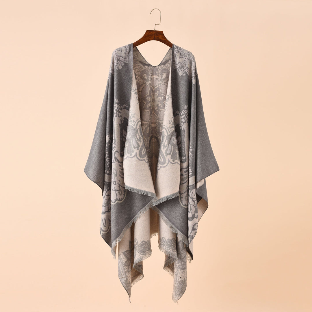 Damen Eleganter Kimono-Poncho mit kunstvollem Muster und fransigen Kanten W&W Mode