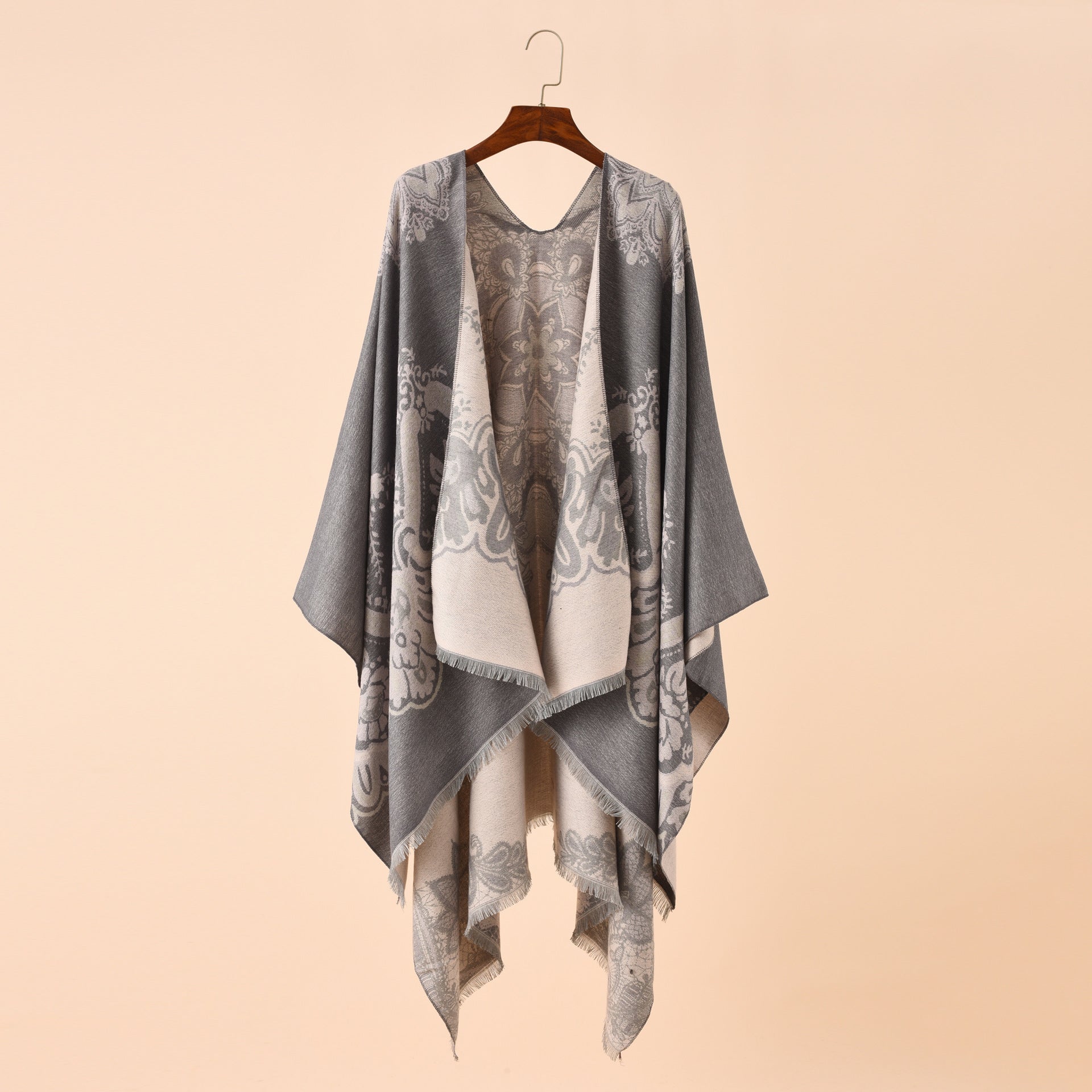Damen Eleganter Kimono-Poncho mit kunstvollem Muster und fransigen Kanten WW