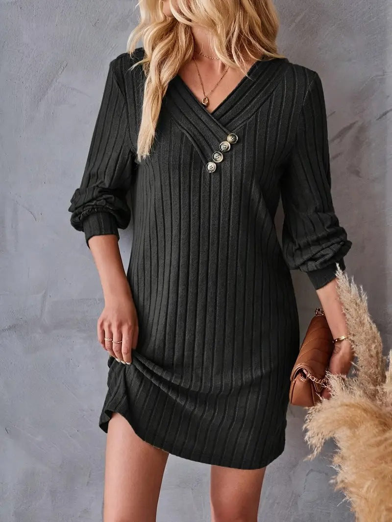 Damen Röhrenkleid mit elegantem V-Ausschnitt und dekorativen Knöpfen WW