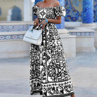 Damen Maxikleid mit schulterfreiem Design und elegantem floralen Muster WW