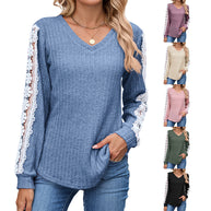 Damen Relaxed Fit V-Ausschnitt Pullover mit Spitzenakzenten WW