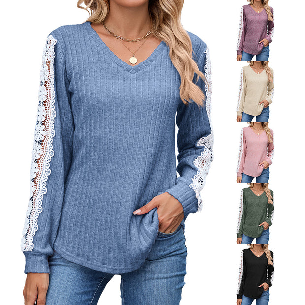 Damen Relaxed Fit V-Ausschnitt Pullover mit Spitzenakzenten WW