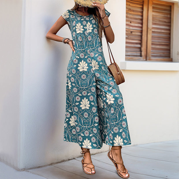 Damen Jumpsuit mit floralem Design und kastanienbraunem Bindegürtel WW
