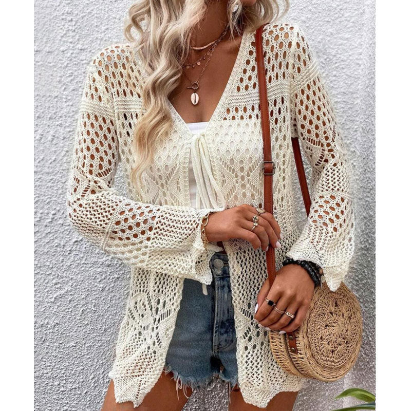 Damen Strick-Cardigan mit offenen Maschen und Binde-Detail WW