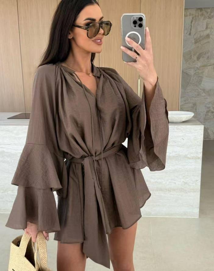 Damen Stilvolle Glockenärmel Kaftan Wickel WW