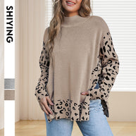 Damen lässiges Oversized-Pullover mit animalischem Muster und hohem Kragen WW