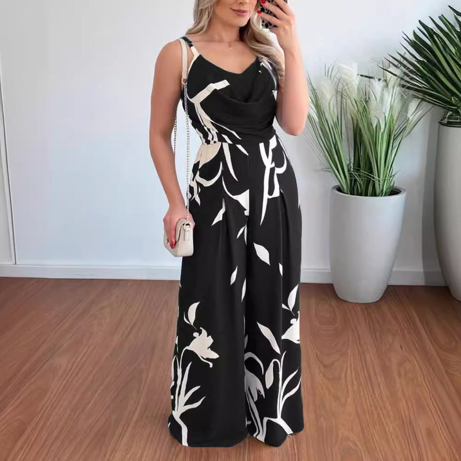 Damen Eleganter Jumpsuit mit fließendem Stoff und modischem Blumenmuster WW