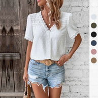 Damen Kurzarmbluse mit Spitzenbesatz und strukturiertem Design WW