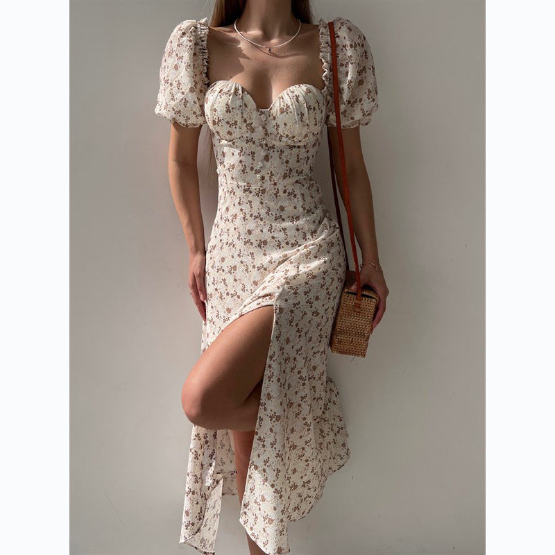 WW | Internet Kleine Blumendruck Taille Eng Mittelkurzes Kleid
