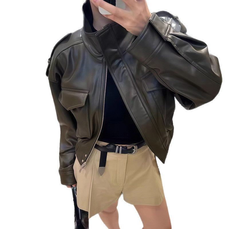 Damen ausgefallene Lederjacke mit voluminösen Ärmeln WW