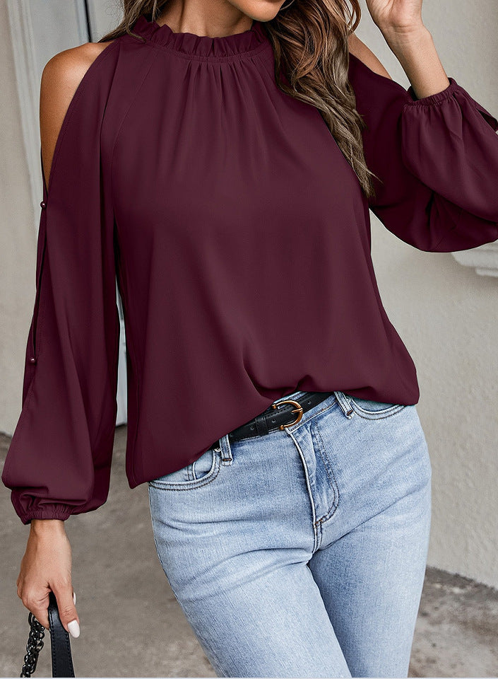 Damen schickes Oberteil mit schulterfreien Einsätzen und eleganten Rüschendetails WW