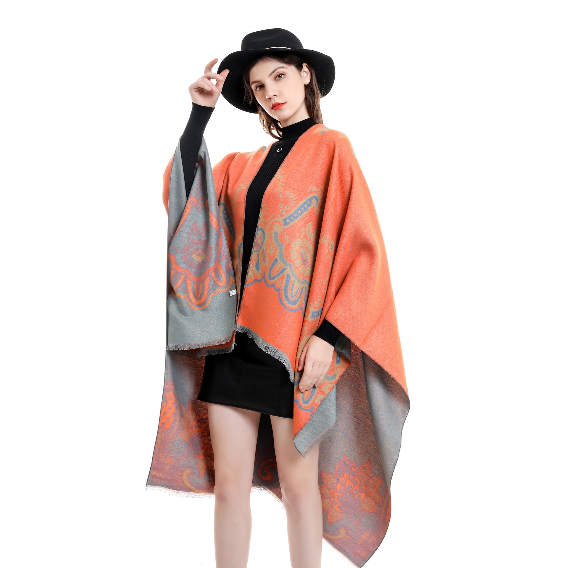Damen Eleganter Kimono-Poncho mit kunstvollem Muster und fransigen Kanten WW