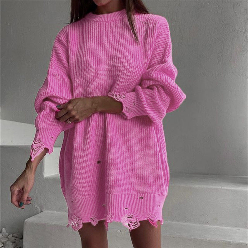 WW Ripped O Neck Oversized Sweater Kleid