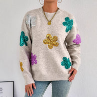 Damen Strickpullover mit glitzernden Blütenapplikationen WW