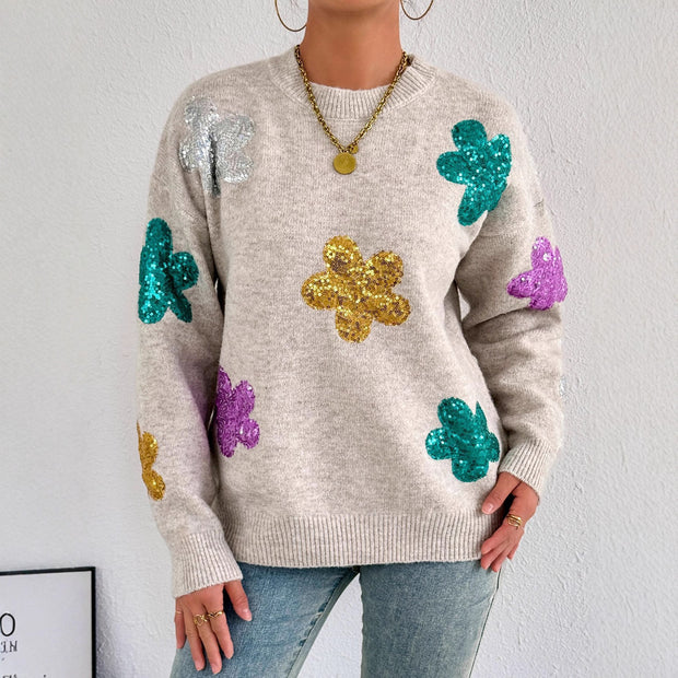 Damen Strickpullover mit glitzernden Blütenapplikationen WW