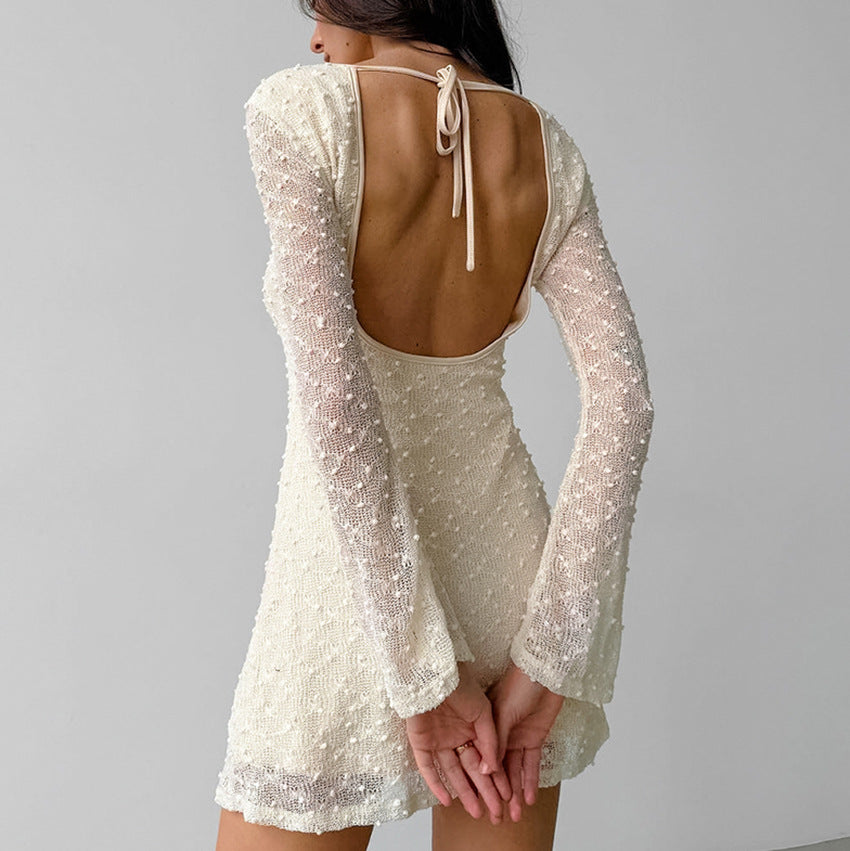 W&W Mode | Jacquard Mini Kleid Taillierte Silhouette Rundhals Langarm Rückenfrei Mit Schleife