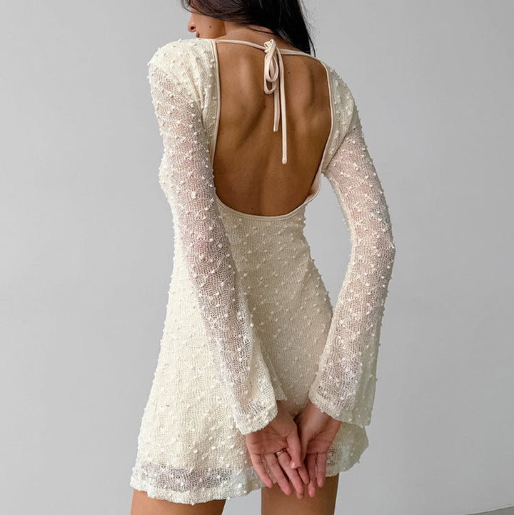 W&W Mode | Jacquard Mini Kleid Taillierte Silhouette Rundhals Langarm Rückenfrei Mit Schleife