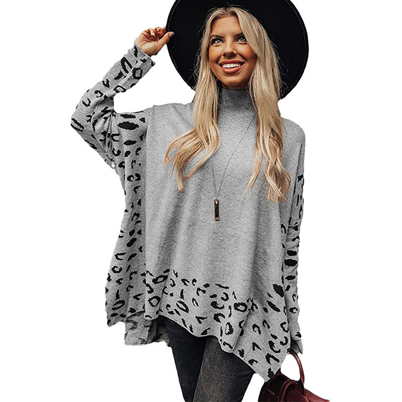 Damen lässiges Oversized-Pullover mit animalischem Muster und hohem Kragen WW