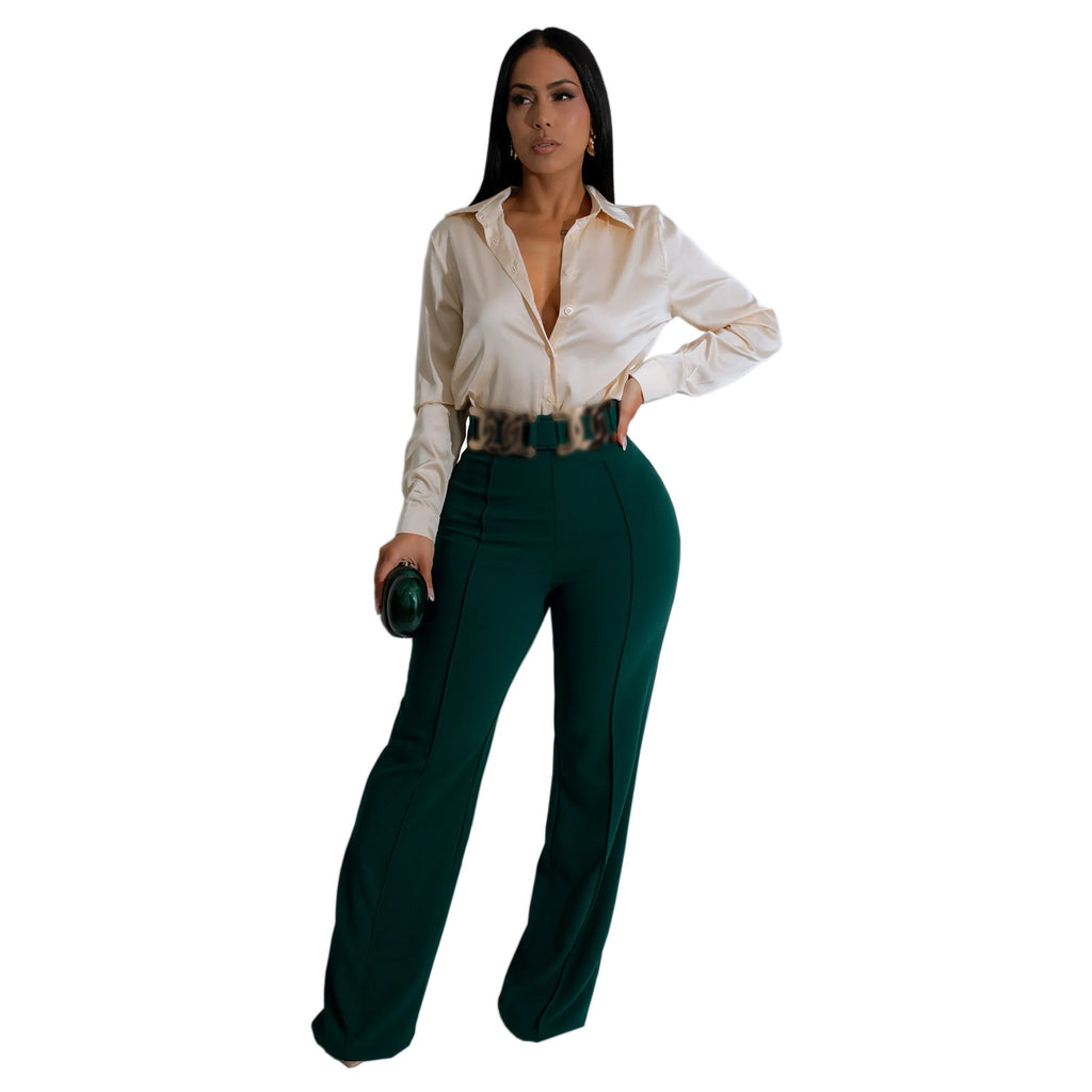 Damen Elegantes Blusen- und Hosen-Set mit hohem Bund und glänzendem Finish WW