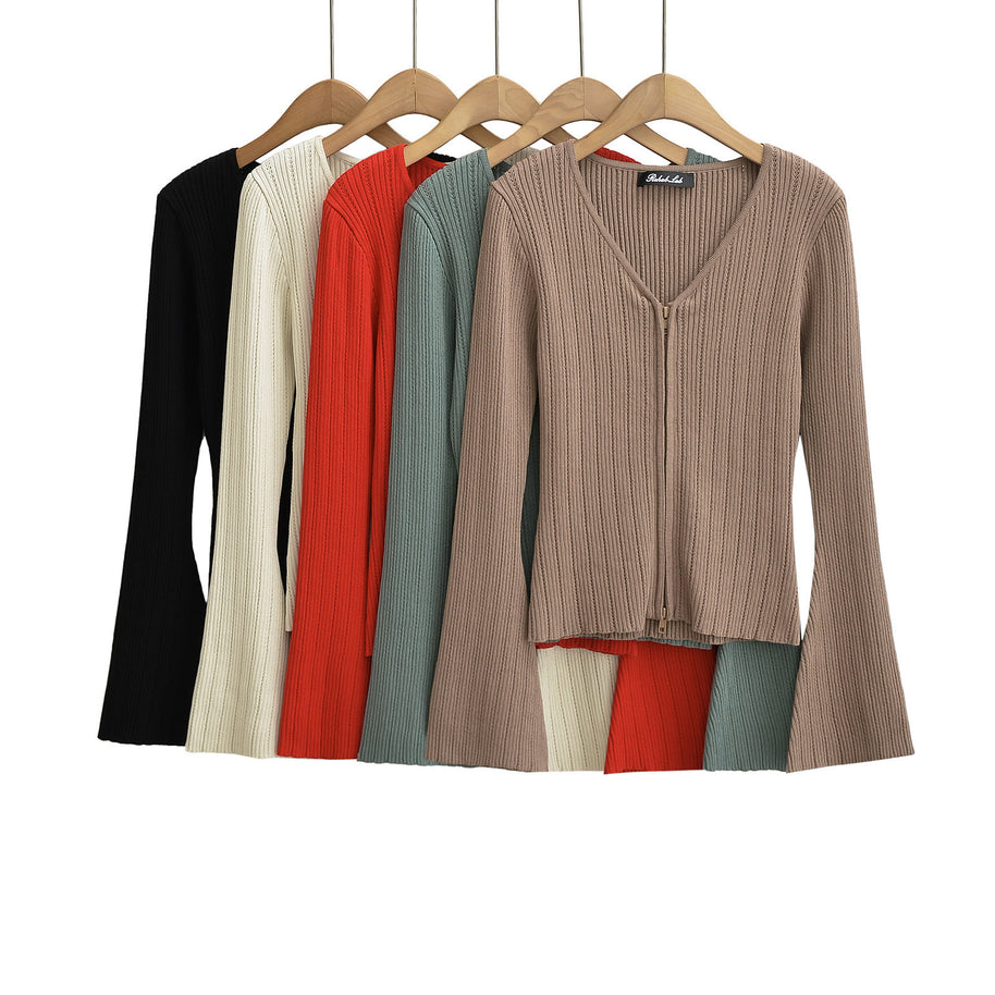 Damen Strickoberteil mit tiefem V-Ausschnitt und Zip-Verschluss WW
