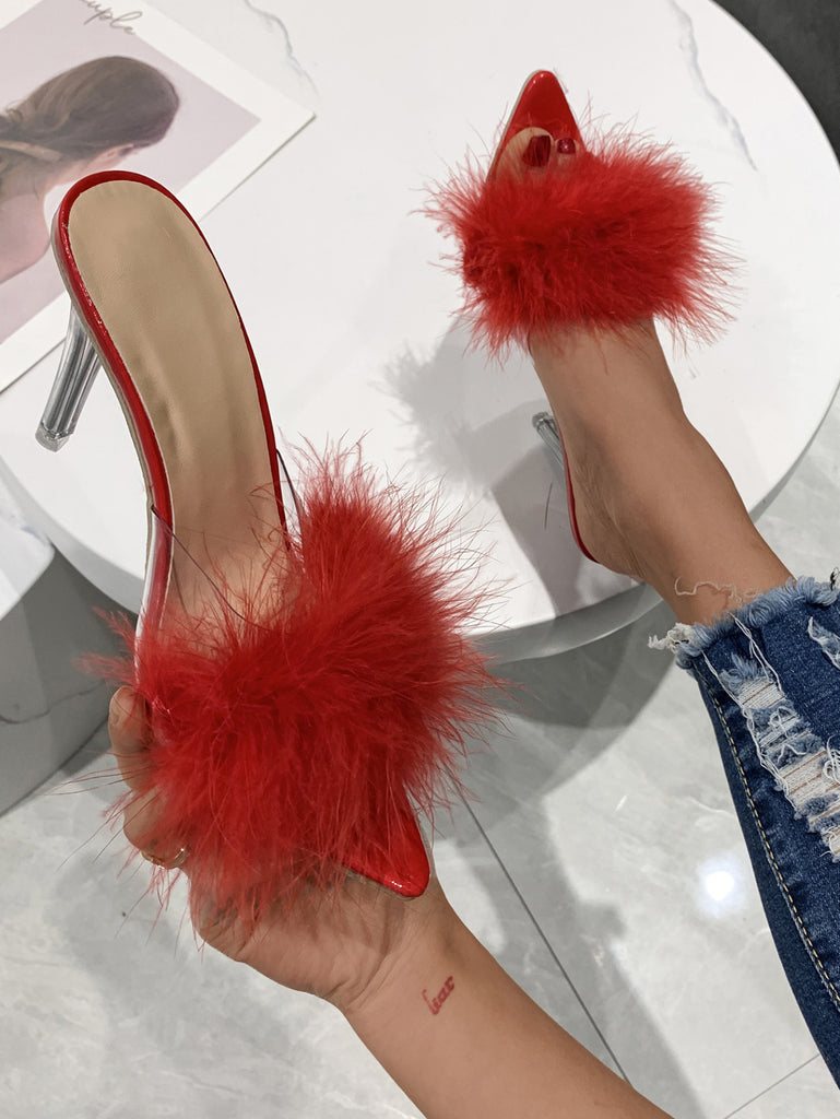 Damen High Heel Mules mit luxuriösem Federbesatz und transparentem Blockabsatz WW