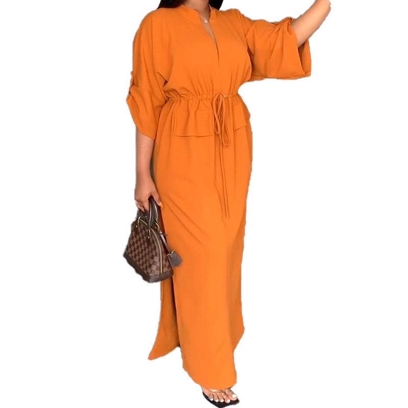Damen Elegantes Maxikleid mit taillierbarem Gürtel und weit geschnittenen Ärmeln WW