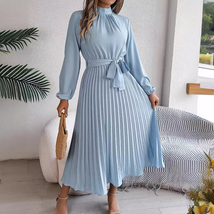 W&W Mode | Elegante Stehkragen Taillierter Plissierter Langer Rock kleines Kleid