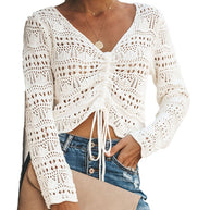 Damen Strickbluse mit dekorativem Lochmuster und verstellbarem Kordelzug WW