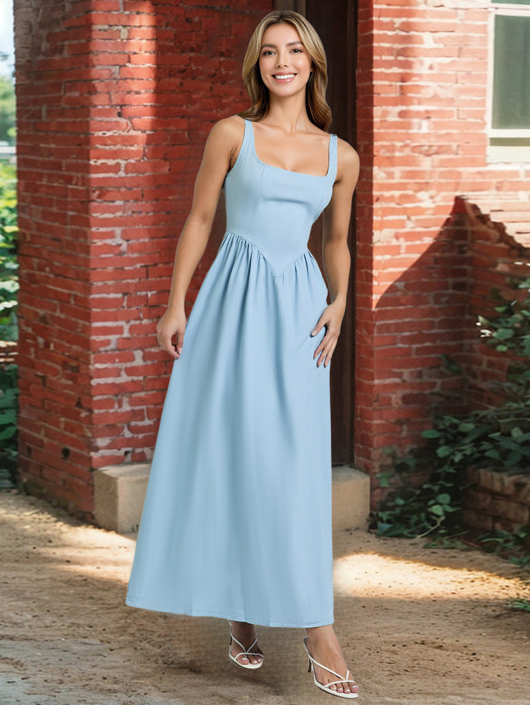 Damen Bodenlanges Kleid mit quadratischem Ausschnitt und fließendem Stoff WW