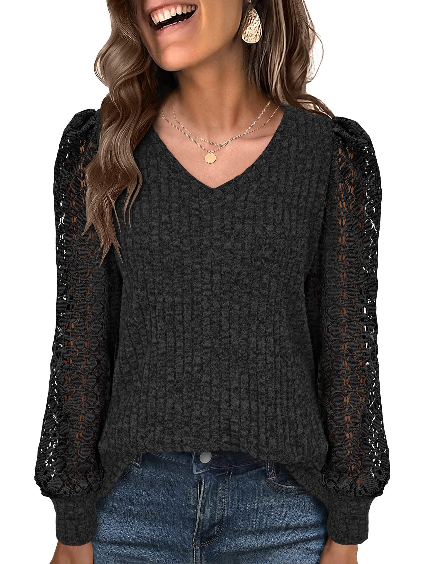 Damen Strickpullover mit Spitzeneinsätzen WW
