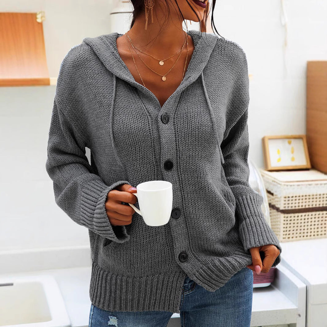 Damen bequeme Strickjacke mit Kapuze und Knopfverschluss WW