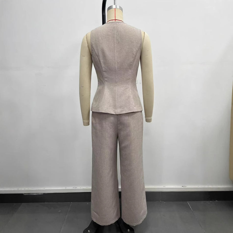 Damen elegantes Ensemble aus ärmellosem Blazer und weiten Hosen W&W