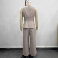 Damen elegantes Ensemble aus ärmellosem Blazer und weiten Hosen W&W
