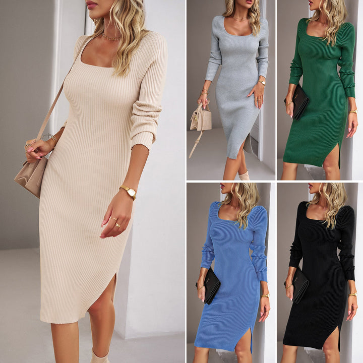 Damen figurbetontes Strickkleid mit weit ausgestellten Ärmeln W&W Mode