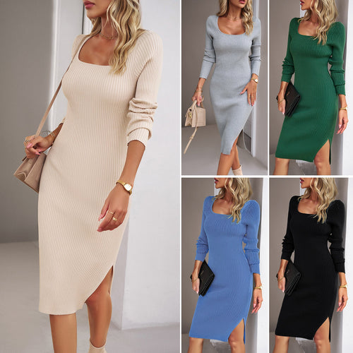 Damen figurbetontes Strickkleid mit weit ausgestellten Ärmeln W&W Mode