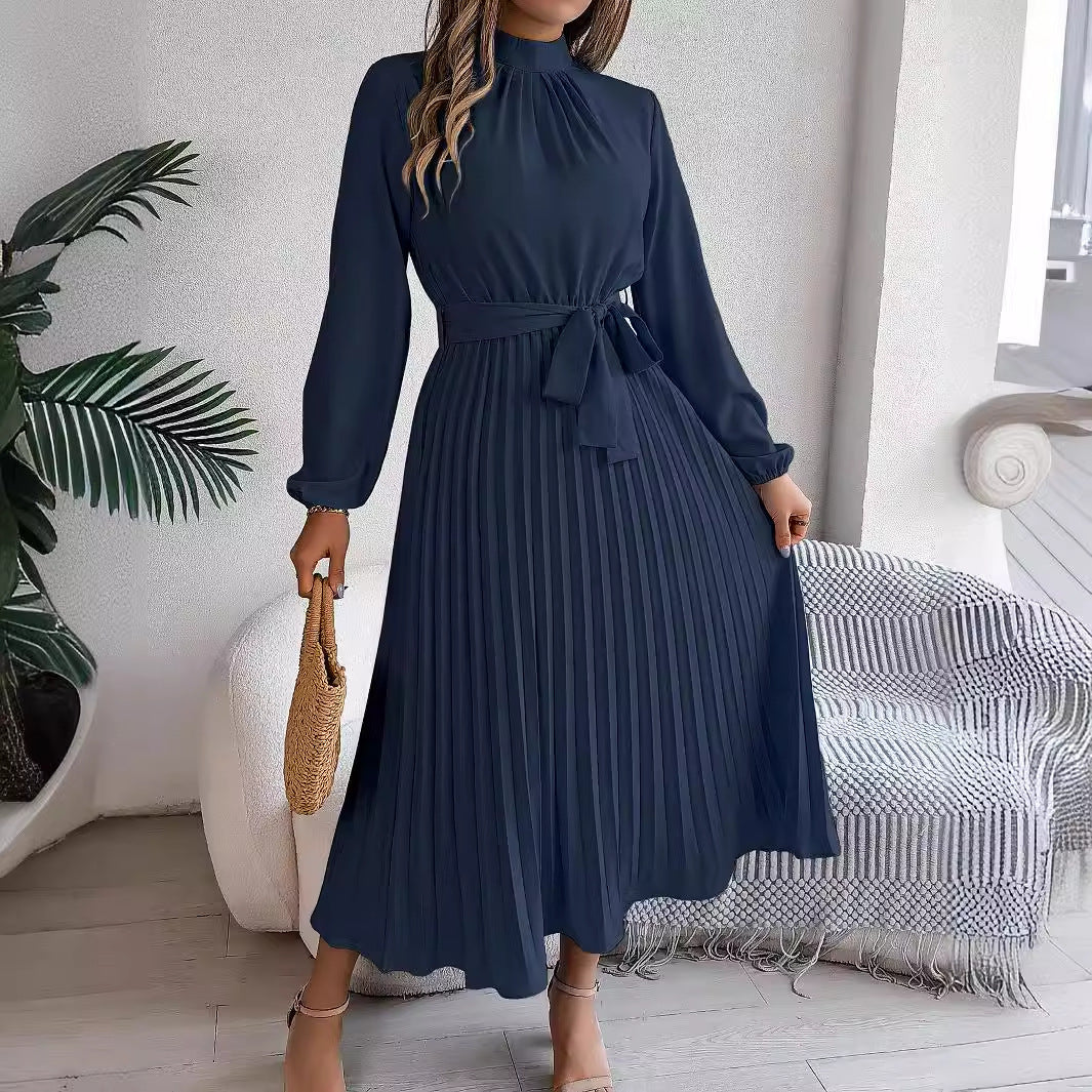 WW | Elegante Stehkragen Taillierter Plissierter Langer Rock kleines Kleid