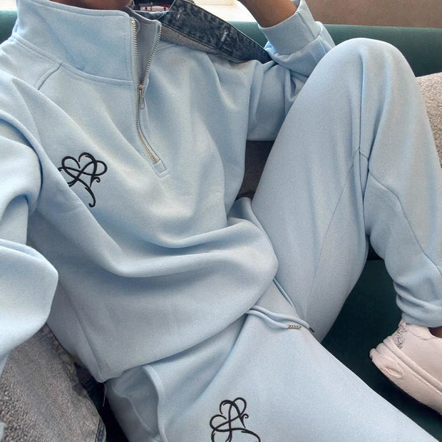 Damen sportlicher Sweater mit halbem Reißverschluss und kontrastierendem Logo WW