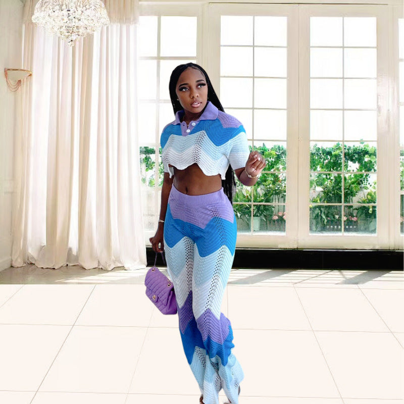 Damen Set aus gehäkeltem Crop-Top und weitem Palazzo-Hosen WW