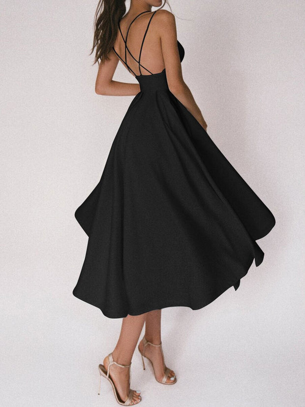 WW | Spaghettiträger Ärmellos V-Ausschnitt Einfarbig Flared Midi Kleid