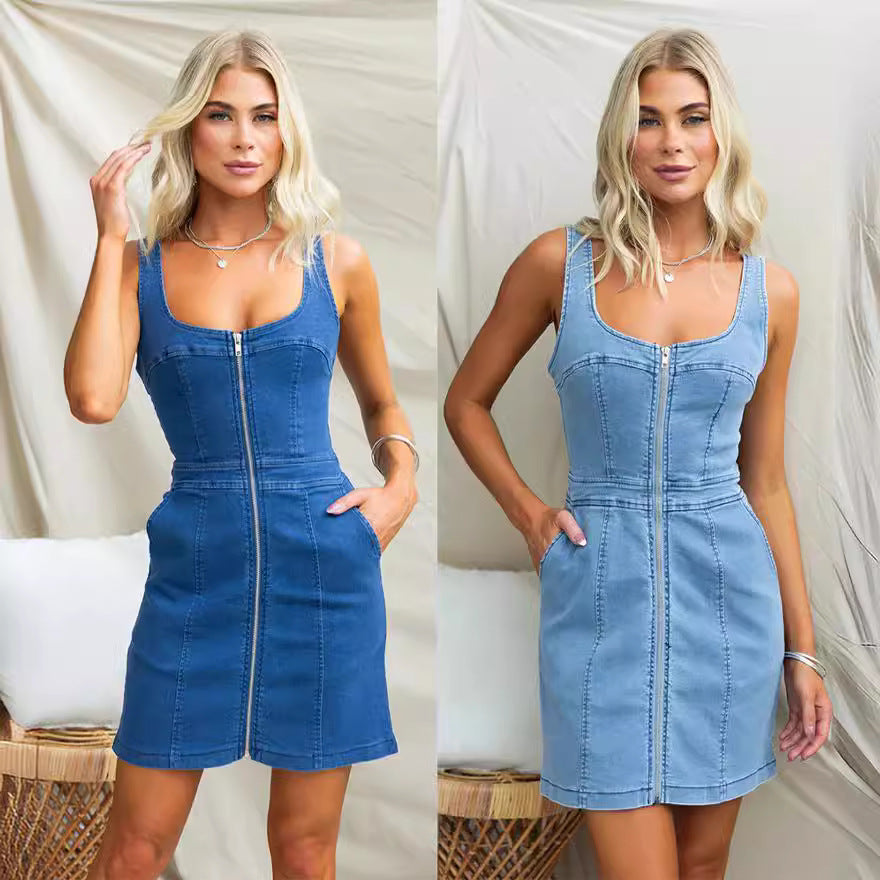 Damen Denim Kleid mit Reißverschluss und praktischen Taschen WW